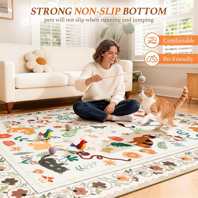 LIANLAM 2.7x8 Cat Themed Runner Rug for Hallway & Kitchen, Washable Non-Slip Long Carpet with Playful Feline Prints, Pet Friendly & Easy Clean Low Pile Floor Mat(2.7x8,Beige)