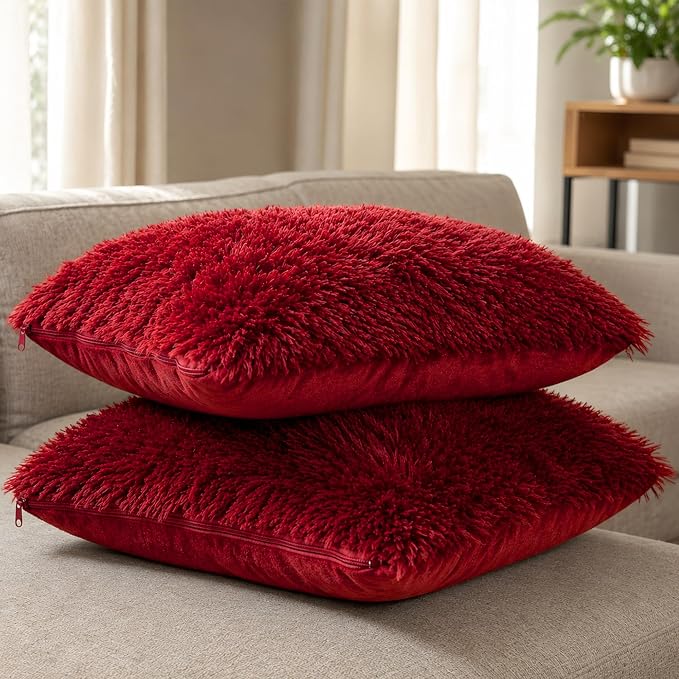 Cheer Collection Throw Pillows for Couch and Bed, Soft Shaggy Throw Pillows with Inserts Included, Cozy Long Hair Faux Fur Pillows - Set of 2-18" x 18" - Maroon
