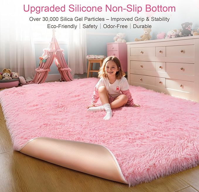 KICHOWUA Thick Area Rug 5x7 Pink Fluffy Shag – Ultra Soft Plush Fuzzy Washable Thickened Non-Slip Fuzzy Carpet for Girls Bedroom Living Room, Modern Furry Shaggy Rug for Kids Nursery Boys Dorm Room