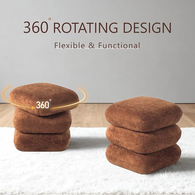 Get Set Style 360° Swivel Velvet Ottoman, Modern Upholstered Foot Stool, Multifunctional Vanity Chair Accent Stool for Small Space, Living Room, Bedroom, Entryway, Honey Ginger
