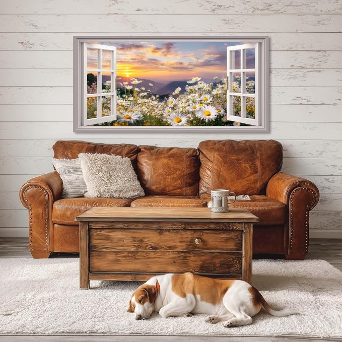 Ggaafet Wildflower Window Wall Art for Bedroom Canvas Painting Prints Beautiful Daisy Floral Blooming Landscape Art Deco Pretty Artwork Office Family Dining Room Decor