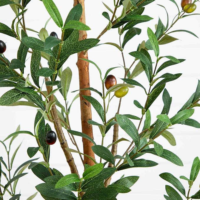 Nearly Natural 5FT Tall Silk Faux Olive Tree for Home and Office Decor, Fake Potted Tree with Natural Wood Trunk, Realistic Branches and Lifelike Fruits