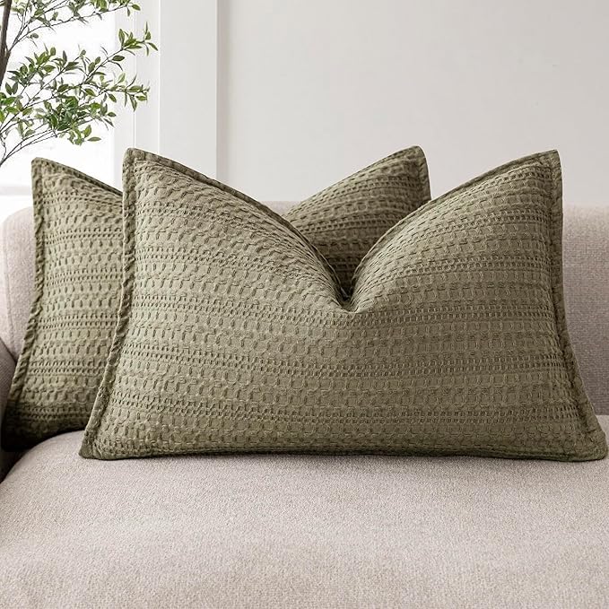 Foindtower Set of 2 Decorative Cotton Waffle Weave Lumbar Throw Pillow Covers Euro Shams Cushion Covers Accent European Pillowcase for Bed Couch Bedroom Living Room Home Decor 12×20 Inch Olive Green