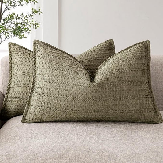 Foindtower Set of 2 Decorative Cotton Waffle Weave Lumbar Throw Pillow Covers Euro Shams Cushion Covers Accent European Pillowcase for Bed Couch Bedroom Living Room Home Decor 12×20 Inch Olive Green