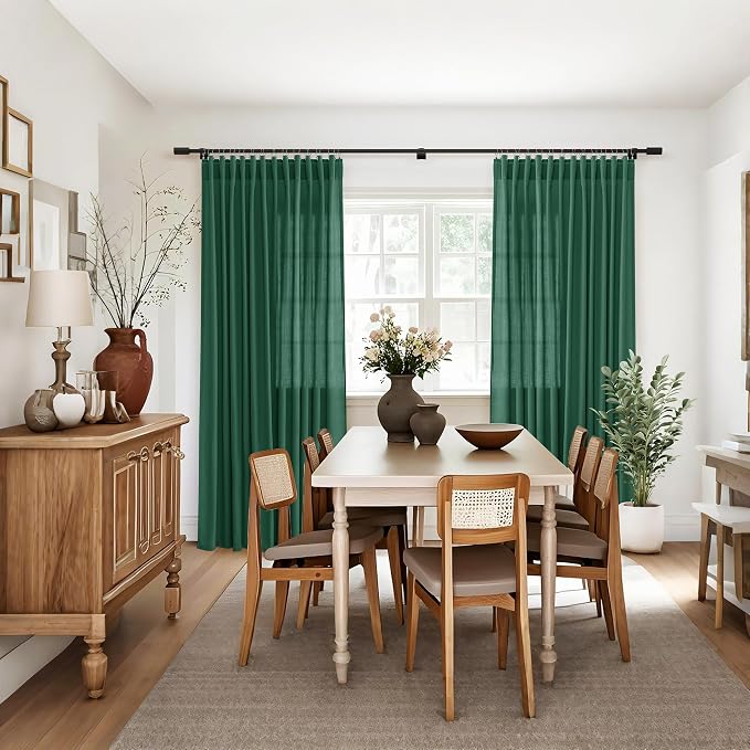 Jowels Emerald Green Linen Curtains 84 Inch Long 2 Panels for Living Room | Light Filtering Semi Sheer Curtain, Back Tab Pocket Pleated Look, Boho Farmhouse Textured Privacy Drapes for Bedroom Window