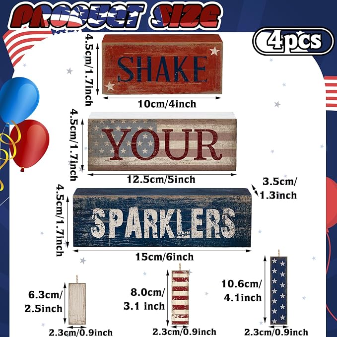 CroBlissful 4 Pcs 4th of July Decorations Patriotic Memorial Day Tabletop Decorations Red White Blue Table Centerpieces Sign for Office Tiered Tray Home Shelf 250th Anniversary(Shake)
