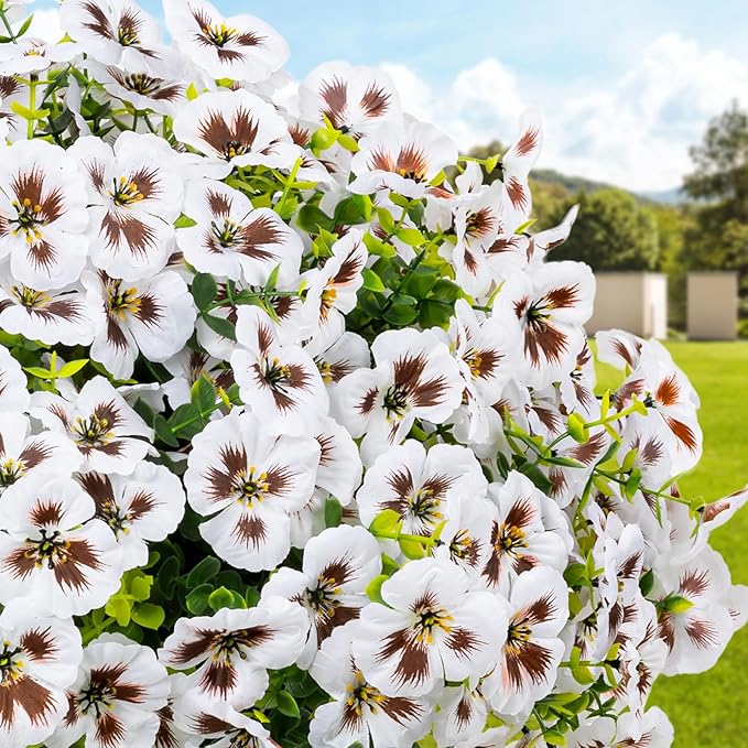 24 Pcs Artificial Fake Pansy Flowers for Outdoor,Faux Silk Plants Flowers UV Resistant Pansies Spring Flowers for Planter Front Door Porch Yard Patio Garden Window Box Home Decor(White)