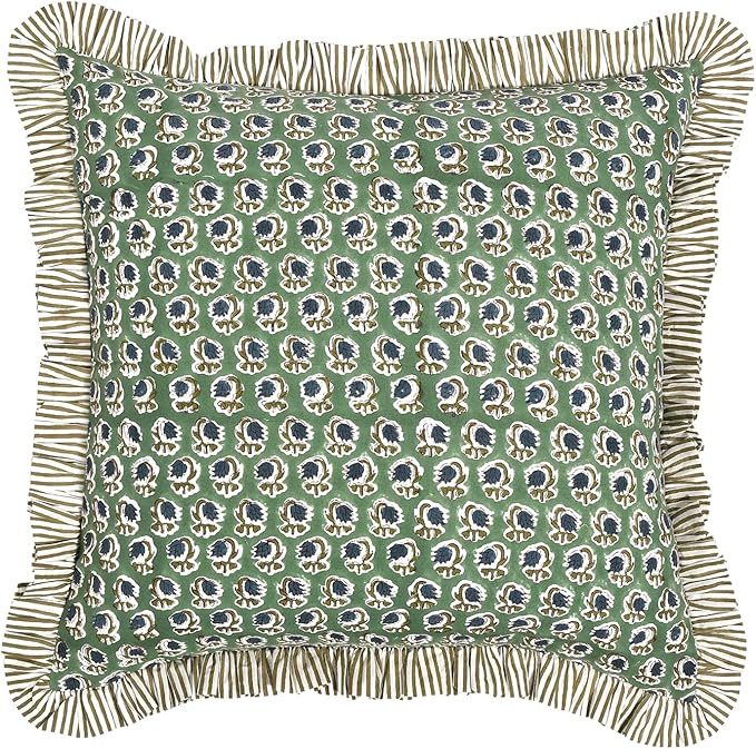 Ridhi Block Print Basil Green Throw Pillow Cover 20" x 20" (Pack of 2) Decorative Cushion Covers with Ruffle for Couch, Sofa, Bed, Living Room, Home Decor Gift for Spring, Easter, Valentine