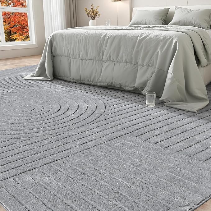5x7 Solid Color Area Rugs – Washable Living Room Rug, Durable Non-Slip Indoor Carpet with Soft High-Low Pile, Fluffy Floor Rugs for Bedroom, Kids Room, House Apartment, Home Office Decor, Grey