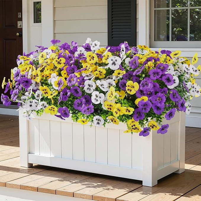 Alupssuc 24 Bundles Artificial Flowers for Outdoors, Fake Spring Flowers for Decoration, UV Resistant Realistic Pansies with Eucalyptus Silk Faux Flowers for Porch Patio Yard, Purple Yellow White