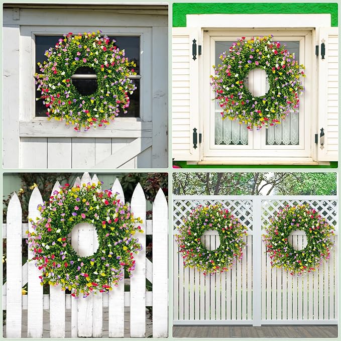 Spring Wreaths for Front Door, 24 Inch Large Farmhouse Colorful Cottage Wreath, Extra-Full 378 Silk Artificial Carnation Floral Wreath, Blossom & Greenery Hanging for Porch, Home Summer Decorations