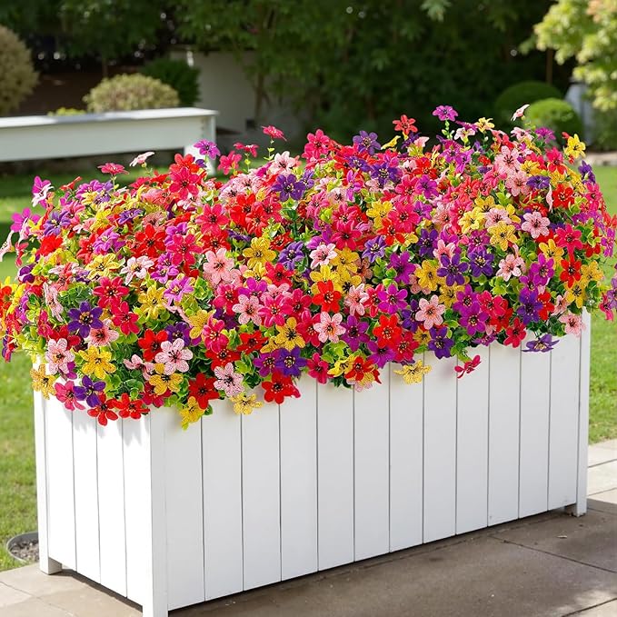 SHareconn 48 Bundles Artificial Flowers for Outdoors Spring Decoration, Fake Silk Realistic Faux Plants UV Resistant for Outside Planter Porch Patio Indoor Decor, RedRosePurpleYellowPinkDeeppurple