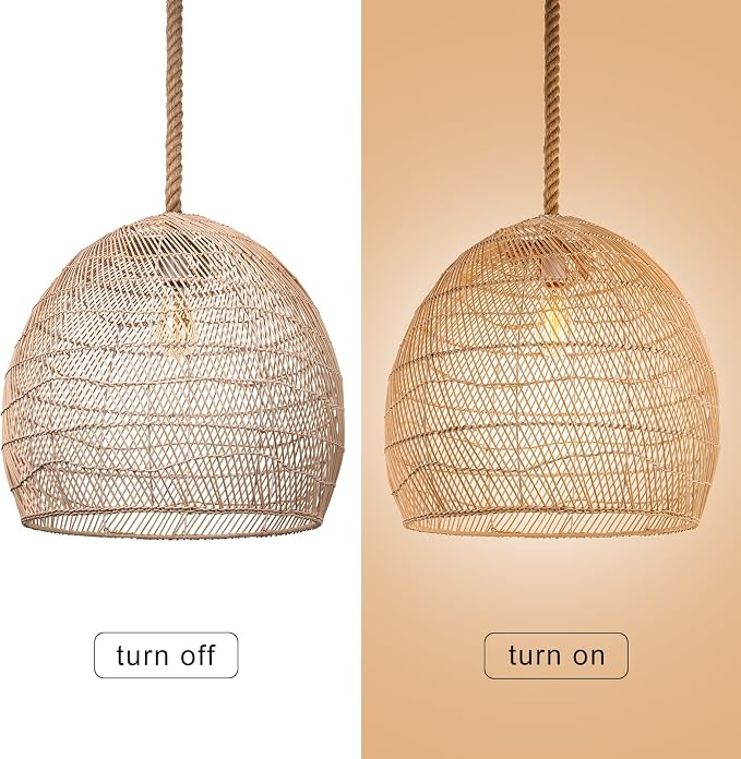 Arturesthome 1 Light Natural Rattan Pendant Light Fixture,Woven Pendant Light Wicker Chandelier,Hanging Ceiling Light,Handmade Lampshade,Rope Lamp for Kitchen Island W19.6in X H 17.7in