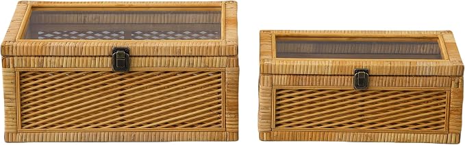 SOFE Rectangular Rattan Storage Box with Lid, Boho Display Box Set of 2, Stackable Decorative Boxes for Home Decor, Multipurpose Shelf Organizer, Natural Color Design, Living Room, Study, Bedroom