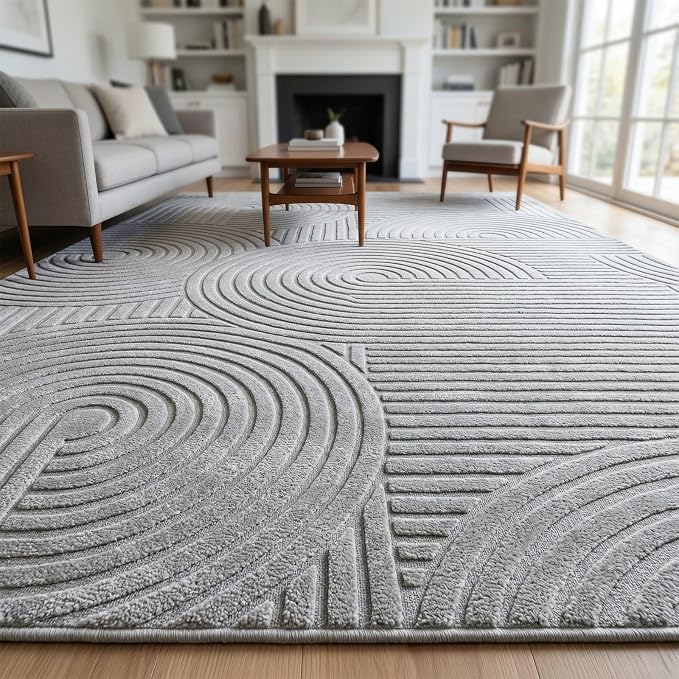 Grey 8x10 Solid Color Area Rugs – Washable Living Room Rug, Modern Geometric Non-Slip Indoor Carpet with Soft High-Low Pile, Fluffy Floor Rugs for Bedroom, Kids Room, Nursery, Home Décor