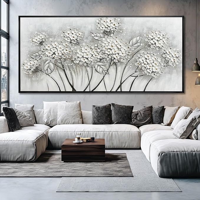 Kureful Grey and White Hand Painted Wall Art Flower Canvas Artwork Contemporary Oil Paintings 40"x86" Decorations for Bedroom Office