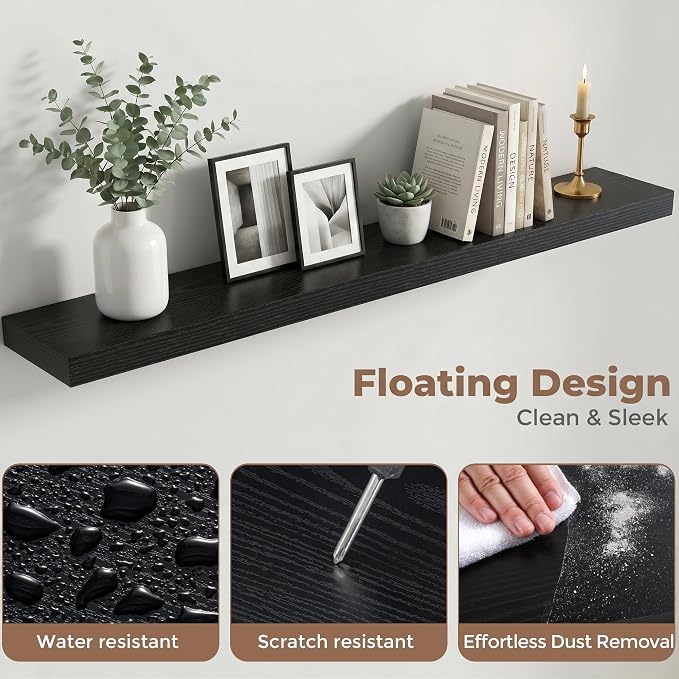 55 Inch Floating Shelves for Wall, 8"D Wood Storage Shelves, Black Finish | Engineered Wood, Invisible Bracket, Large Storage, Easy Install, Hold Up to 88lbs, Living Room, Bathroom, Bedroom, Kitchen