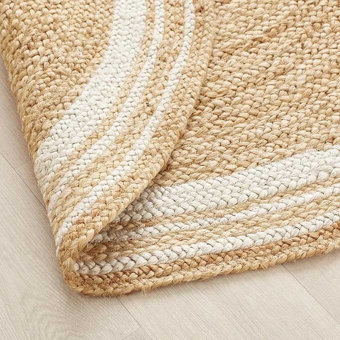 100% Jute Area Rug Approx 6 Feet - Braided Design Hand Woven Natural White Rings Carpet - Home Decor for Living Room Hallways - Round Natural Fibers