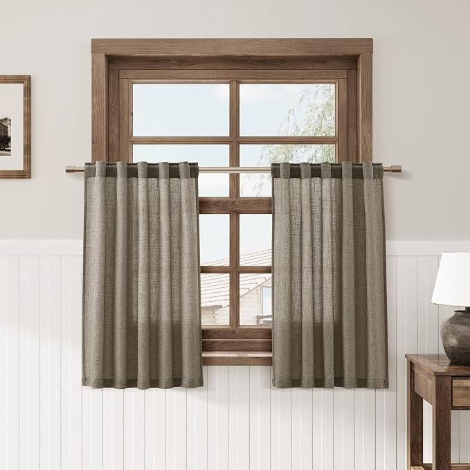 Nanspring Mocha Linen Cafe Curtains 30 Inch Length Privacy Light Filtering Semi Sheer Front Door Small Window Curtain Back Tab Rod Pocket Pleated Short Drapes for Bathroom Kitchen Basement RV 30Wx30L