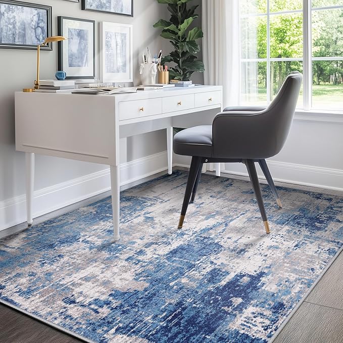 RELEANY Washable Area Rugs 4'x5' Non-Slip Modern Abstract Soft for Living Room Entryway Bedroom Nursery, Print Pattern, Blue Grey Navy Gray