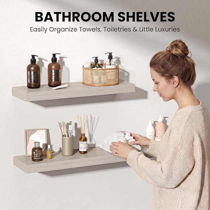 32" Floating Shelves for Wall, Set of 3, 8" Deep, 1.5" Thick, Gray | Rustic Wood Wall Shelves with Invisible Brackets, Storage and Display for Bathroom, Bedroom, Living Room or Kitchen