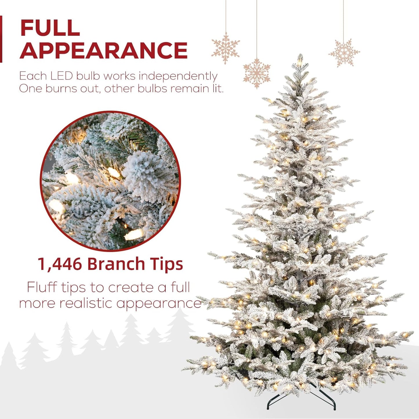 Hykolity 7.5 ft Snow Flocked Christmas Tree, Prelit Artificial Christmas Tree with 450 Warm White Lights, 1173 PE & PVC Branch Tips, Metal Stand and Hinged Branches