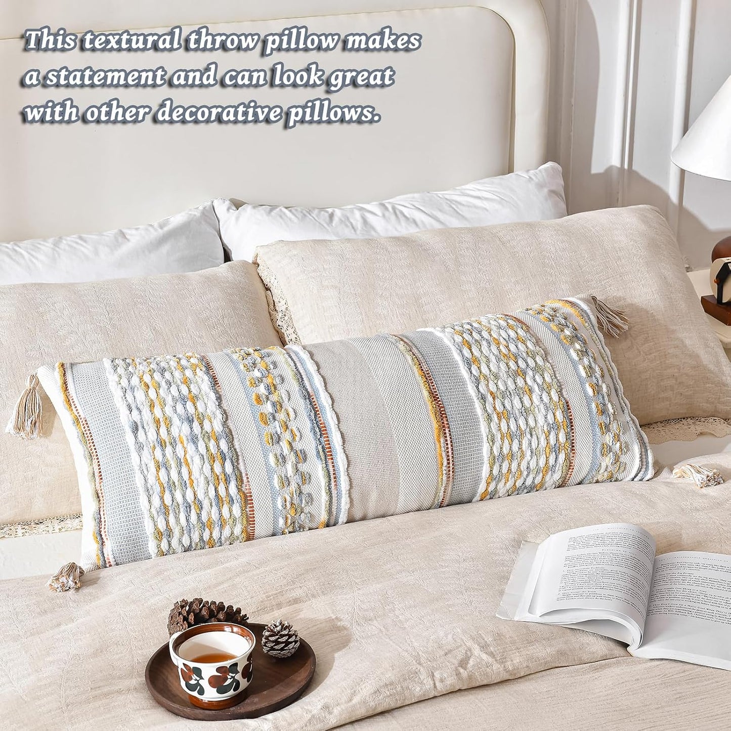 AmHoo Chenille Striped Textured Boho Throw Pillow Covers Aesthetic with Tassels Woven Decorative Pillow Case for Couch Bed Sofa Bedroom Modern Funky 14 x 36-Inch Grey