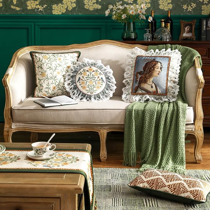 patdrea Designer Vintage Velvet Throw Pillow Cover,Set of 4,-Botticelli | Elegant Lumbar Ruffle Pillow Case with Zipper,Green Floral Pattern,Decor Cushion Coverfor Couch Living Room Bedroom Sofa