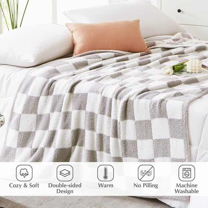 WRENSONGE Soft Twin Size Checkered Blanket for Bed-Cozy Knitted Blankets | Lightweight Fluffy Warm Decor for Women, Mom, Her & Girls, Sofa, Chair, Couch, 60x80in,Light Grey