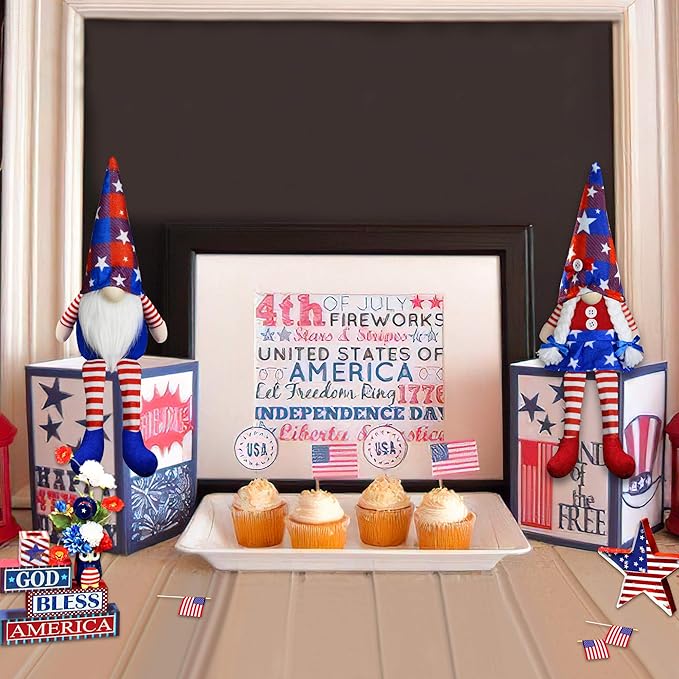 2Pcs 4th of July Patriotic Gnomes Plush Decorations- Mr & Mrs Handmade Swedish Tomte Gnomes Ornaments for 250th Anniversary Patriotic Party Table Decor-Fourth of July Party Home Mantle Fireplace Decor