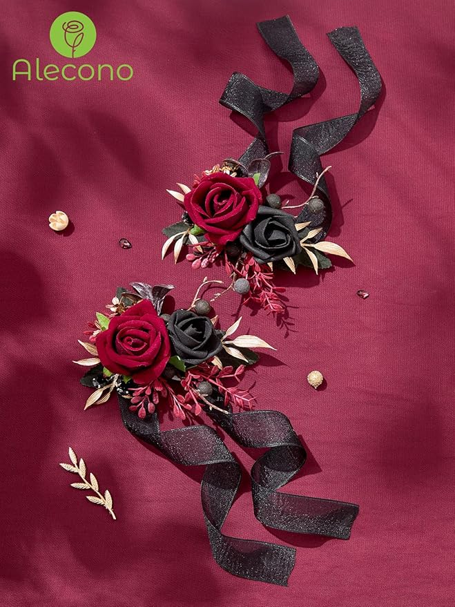 Alecono Set of 2 Wrist Corsage for Wedding, Burgundy and Black Corsages for Bride Bridesmaid, Artificial Flowers for Prom Graduation Ceremony Anniversary
