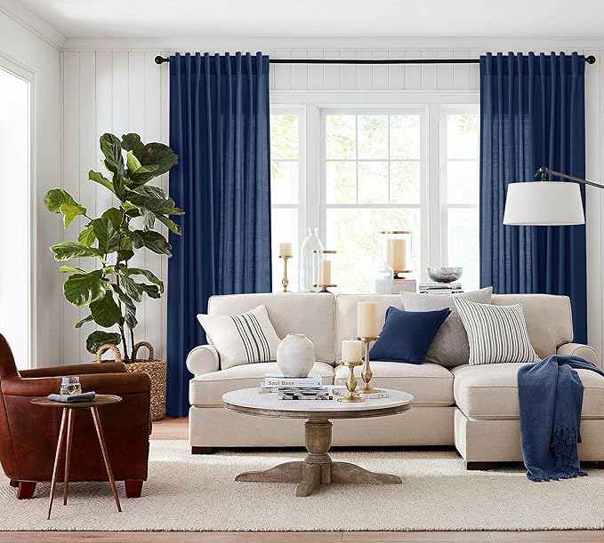 Jowels Denim Blue Linen Curtains 84 Inch Long 2 Panels for Living Room | Light Filtering Semi Sheer Curtain, Back Tab Pocket Pleated Look, Boho Farmhouse Textured Privacy Drapes for Bedroom Window