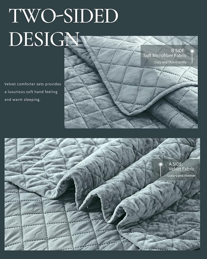 Luxury Velvet Queen Quilt Set, Ultra Soft Lightweight Velvet Comforter Set, Oversized Bedspread Coverlet with 2 Shams Diamond Pattern, for All Season (Blue)