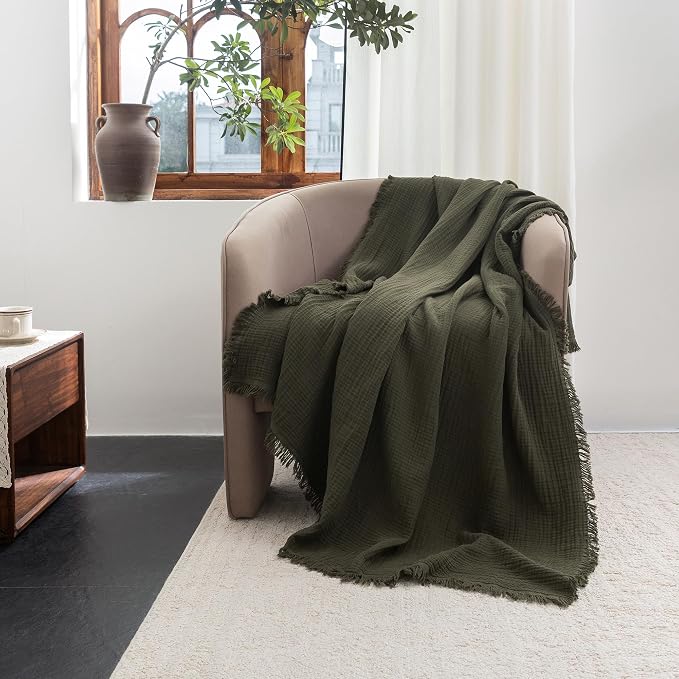 FOSSA Muslin Blanket: 4-Layer 100% Cotton Gauze Blanket with Fringe 98"x98" | Super Soft Breathable Lightweight All Season & Decorative Blanket or Bed, Sofa, Office (Olive Green,Oversize Queen)