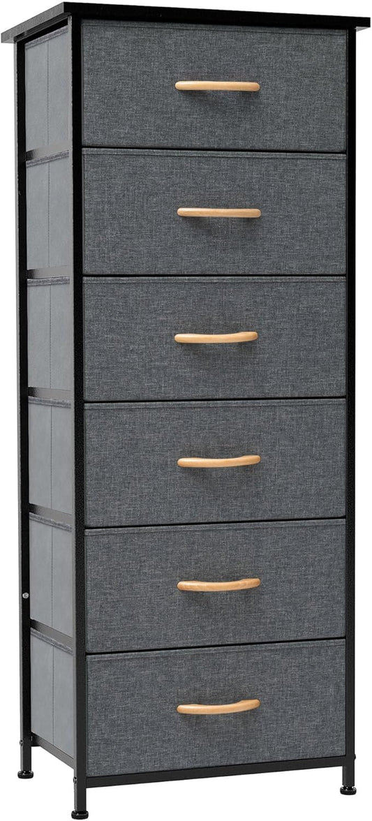 Crestlive Products Vertical Dresser Storage Tower - Sturdy Steel Frame, Wood Top, Easy Pull Fabric Bins, Handles Organizer Unit for Bedroom, Hallway, Entryway, Closets 6 Drawers (Gray)