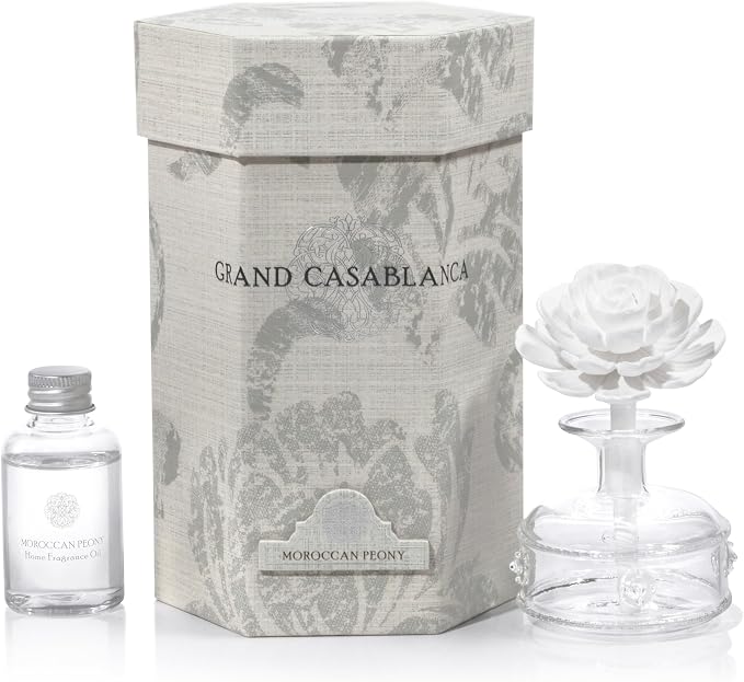 Zodax Grand Casablanca Reed Diffuser - Home Fragrance Oil Diffuser Ideal for Living Room, Bathroom, Office - Porcelain Flower Design - Gift Box Packaging Included - Moroccan Peony - 1.69 Oz.