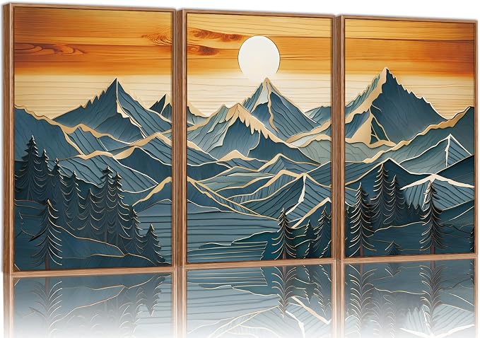 Tinonedraw Large Mountains Framed Canvas Wall Art Set of 3, Boho Nature Woodcut Forest Art Prints, Mid Century Modern Wall Decor, Sunset Landscape Art Paintings for Living Room Bedroom Office 24"x36"