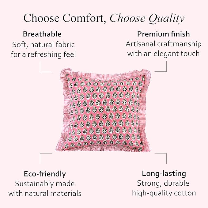 CPC Poppy Pink Ruffle Throw Pillow Covers for Couch, 18x18 Inch Cotton Stripe Ruffle Couch Pillows for Living Room, Hidden 14 Inch Zipper Boho Pillow Case or Cute Outdoor Pillows