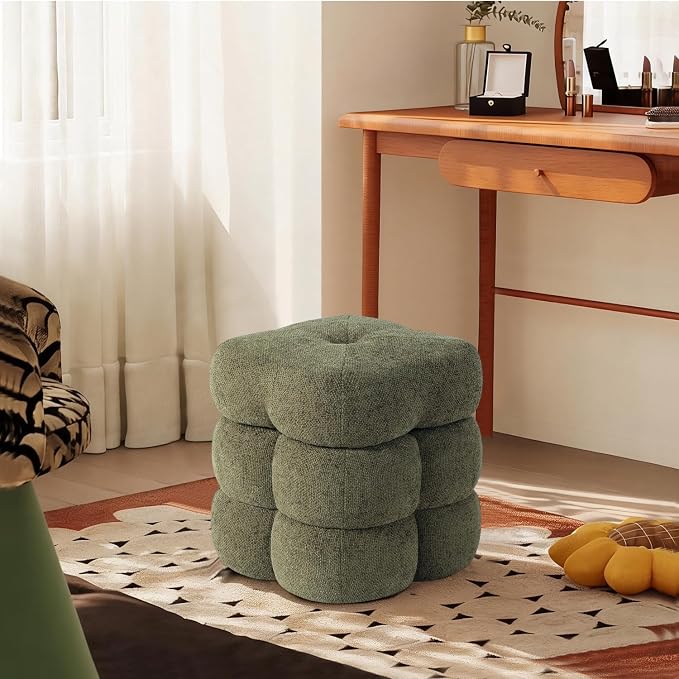 Get Set Style 360° Swivel Flower Ottoman, Linen Vanity Stool Footrest with 300LBS Capacity, No Assembly Small Space Accent Chair for Living Room Bedroom Entryway(Olive Green)