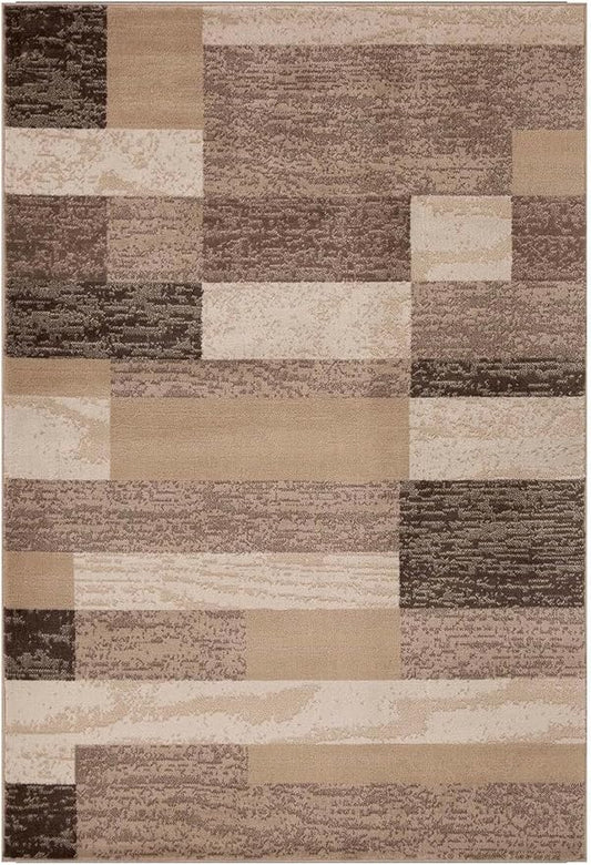 Superior Indoor Area Rug, Jute Backed, Modern Geometric Patchwork Floor Decor for Bedroom, Office, Living Room, Entryway, Hardwood Floors, Rockwood Collection, 4' x 6', Beige