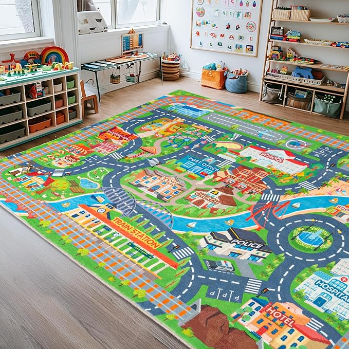 Car Rug Play Mat for Kids Toy Cars, Road Traffic Playmat for Kid Bedroom, Non-Slip Machine Washable Town City Race Track Carpet for Learn and Have Fun 8'x10'/ 96"x120"