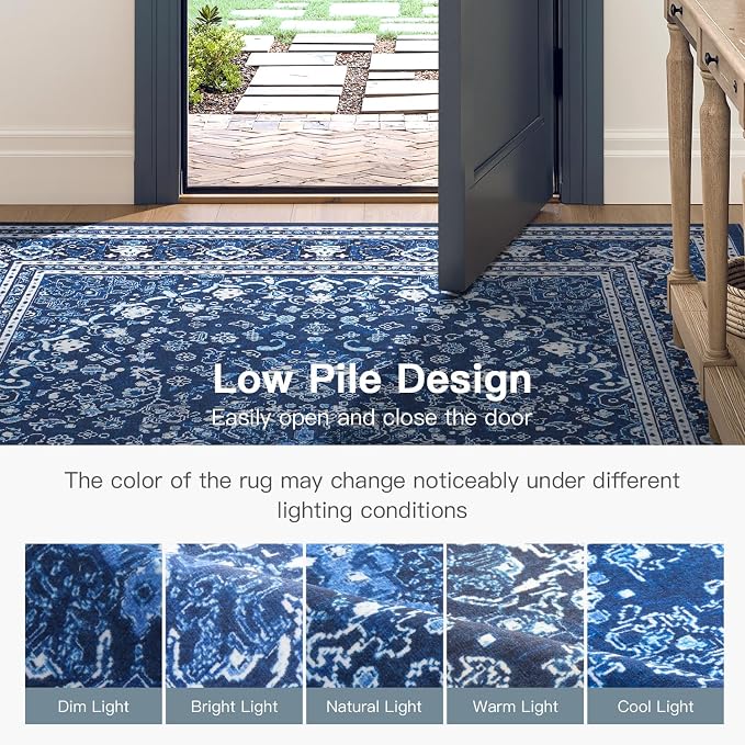 Lofus 8x10 Area Rugs for Living Room, Machine Washable Non-Slip Area Rug, Low Pile Large Rugs for Bedroom, Kitchen, Dining Room, Home Office, Vintage Oriental Print Rug, Dark Blue with White