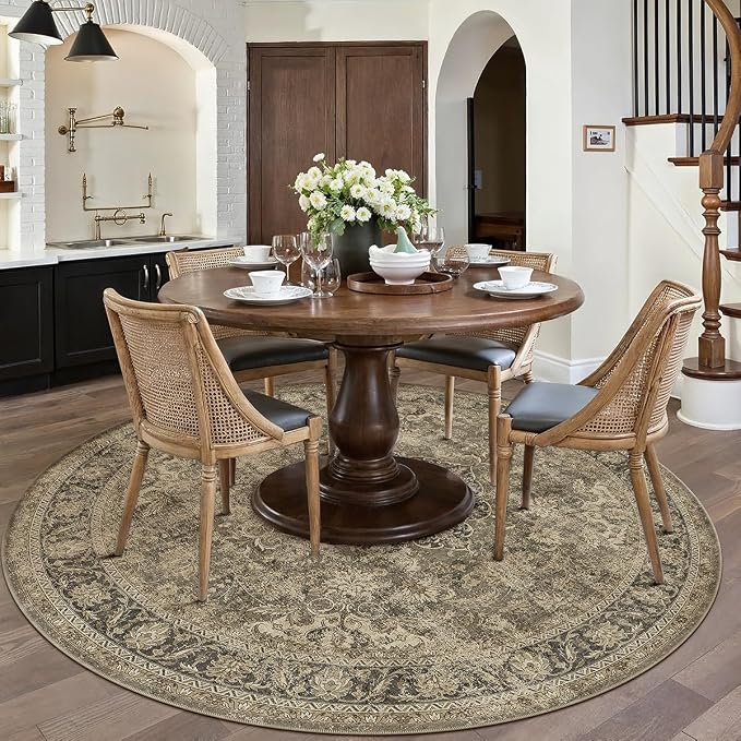 5x5 Washable Round Rug Brown Vintage Non Slip Soft Low Pile Circle Rug for Living Room Bedroom Distressed Oriental Indoor Carpet for Dining Room Office Entryway Home Decor