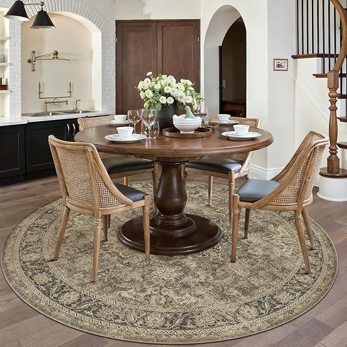 8x8 Washable Round Rug Brown Vintage Non Slip Soft Low Pile Circle Rug for Living Room Bedroom Distressed Oriental Indoor Carpet for Dining Room Office Entryway Home Decor