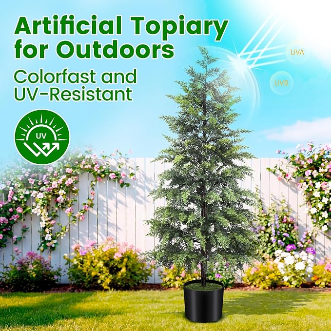ENVEN Outdoor Artificial Topiary Cedar Tree Real Touch Faux Pine Evergreen Shrub Plant UV Resistant Greenery Tree with Pot Realistic Cypress Front Porch Decor (4FT-2Pack)