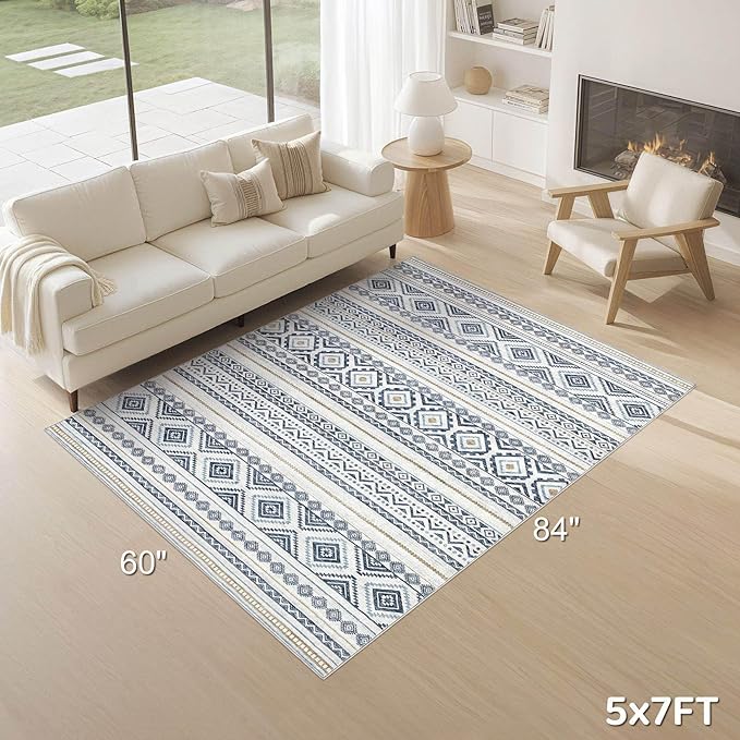 cotiled 5x7 Area Rug Living Room: Washable Boho Rugs with Non Slip Backing Large Soft Indoor Stain Resistant Carpet for Bedroom Farmhouse Dining Room Lightweight Home Decor Blue