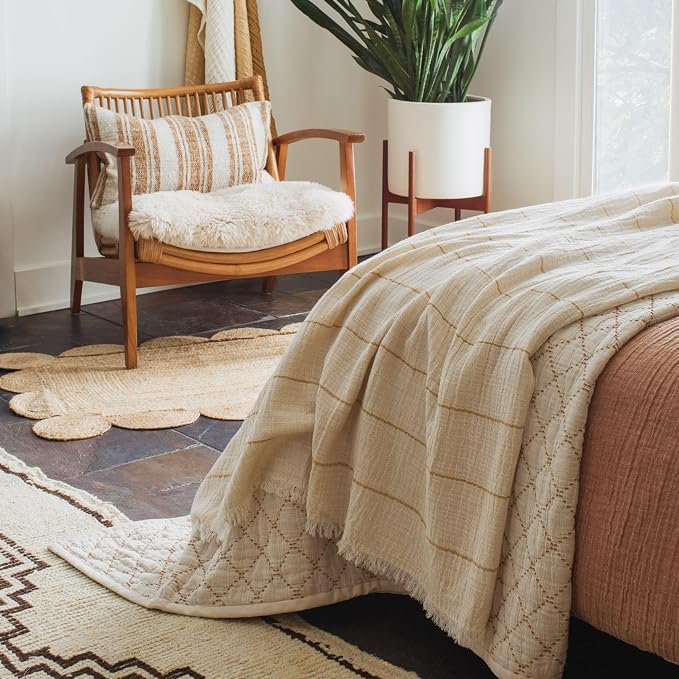 Dune Sahara Stripe Throw Blanket 55x80, Rust Beige Striped 100% Cotton Decorative Sofa and Bed Blanket, Lightweight All-Season Throw, Handwoven in India, Luxury Bedding Accent