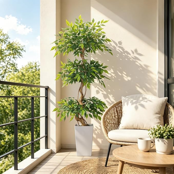 GTIDEA 6FT Ficus Artificial Tree in Tall Decorative Planter, 72 ''Tall Faux Ficus Tree with Realistic Green Leaves and Natural Trunk, Large Fake Indoor Plant for Living Room, Office, Home Corner Decor