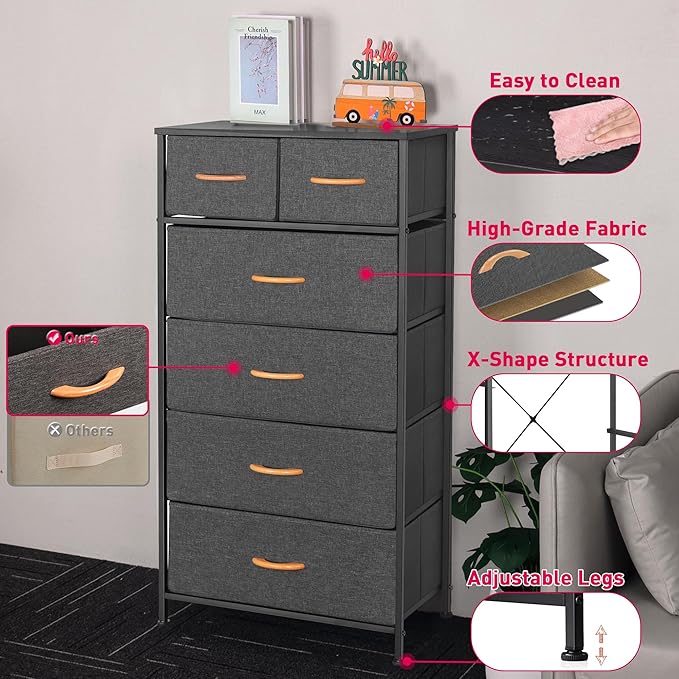 Mifuro Tall Dresser for Bedroom, Vertical Storage Organizer Tower with 6 Drawers, Chest of Drawers with Fabric Bins, Steel Frame, Wood Top for Bedroom, Closet, Entryway- Grey
