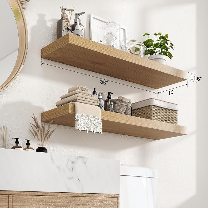 Axeman 36Inch Floating Shelves for Wall, 2 Pack Shelves for Bedroom, Bathroom, Kitchen, Hanging Wall Mounted Rustic Wood Shelf with Invisible Brackets for Books Decor, Oak